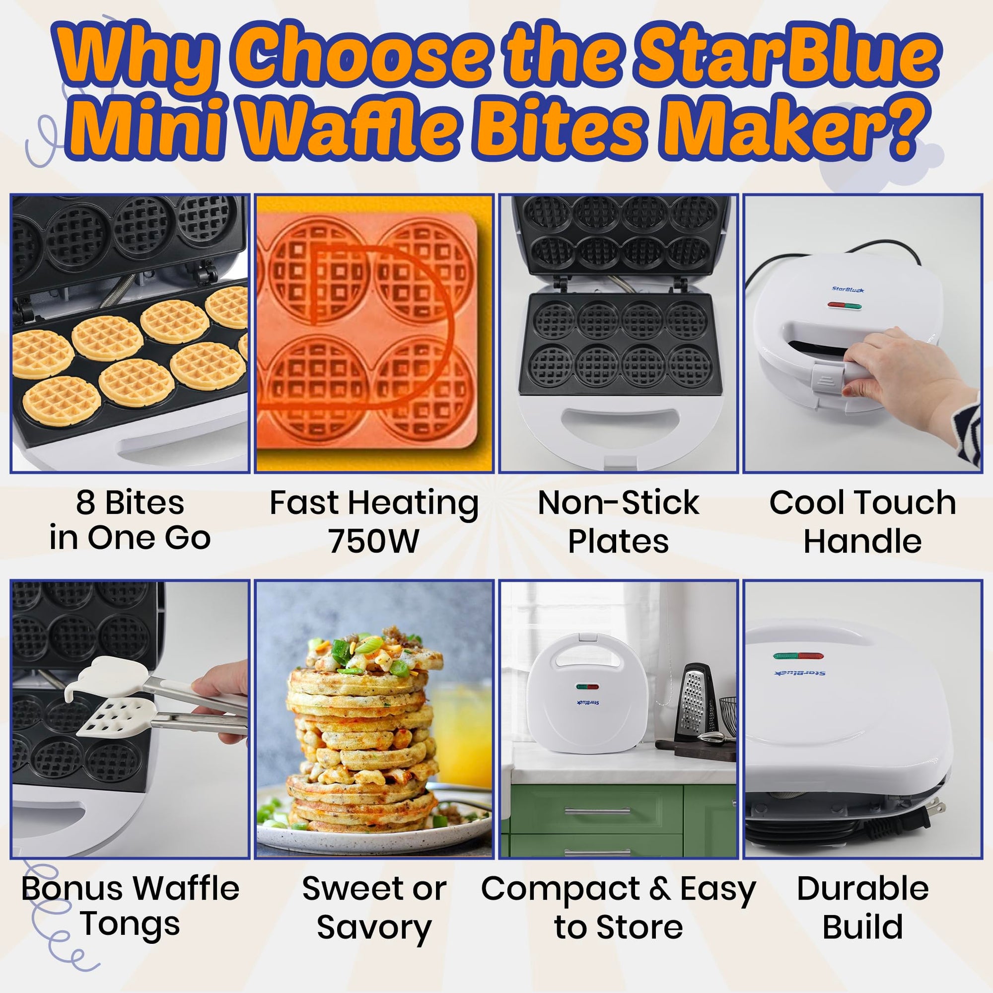 Mini Waffle Bites Maker with FREE Waffle Tongs
