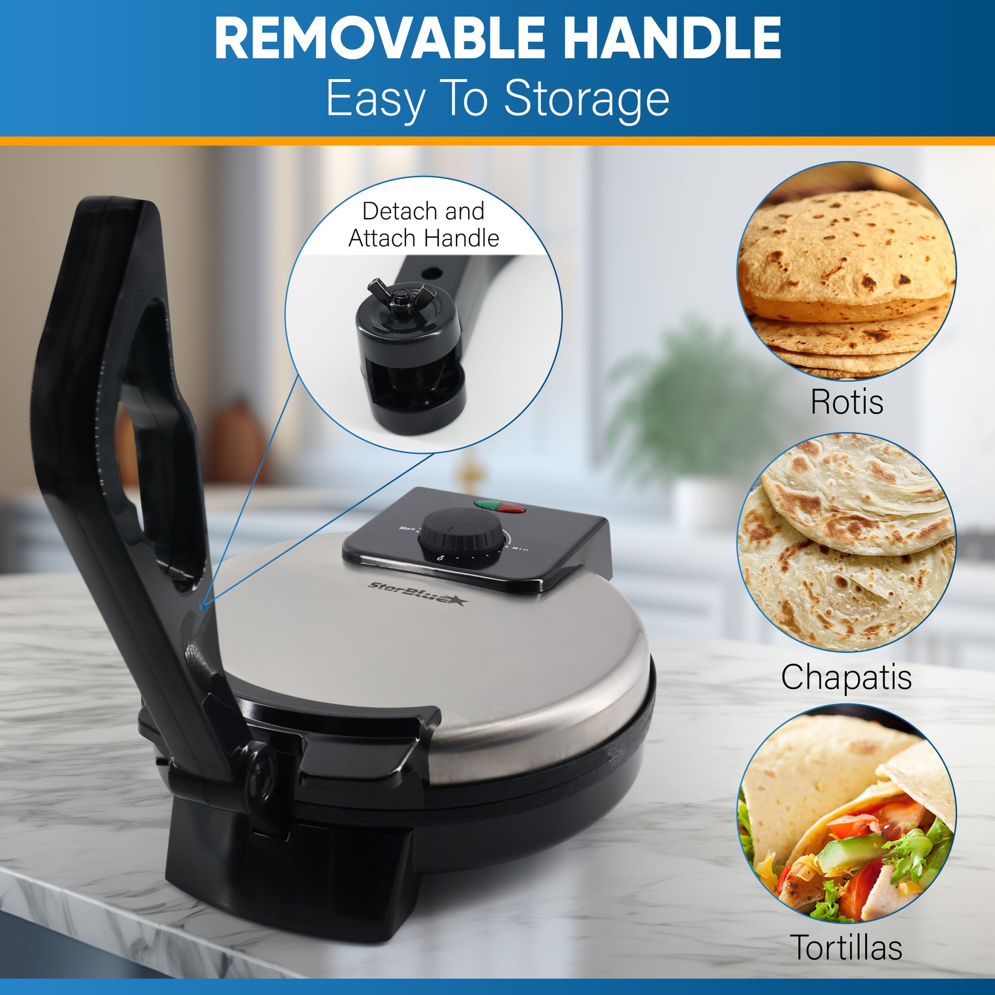 10inch Roti Maker by StarBlue with FREE Roti Warmer and Removable Handle
