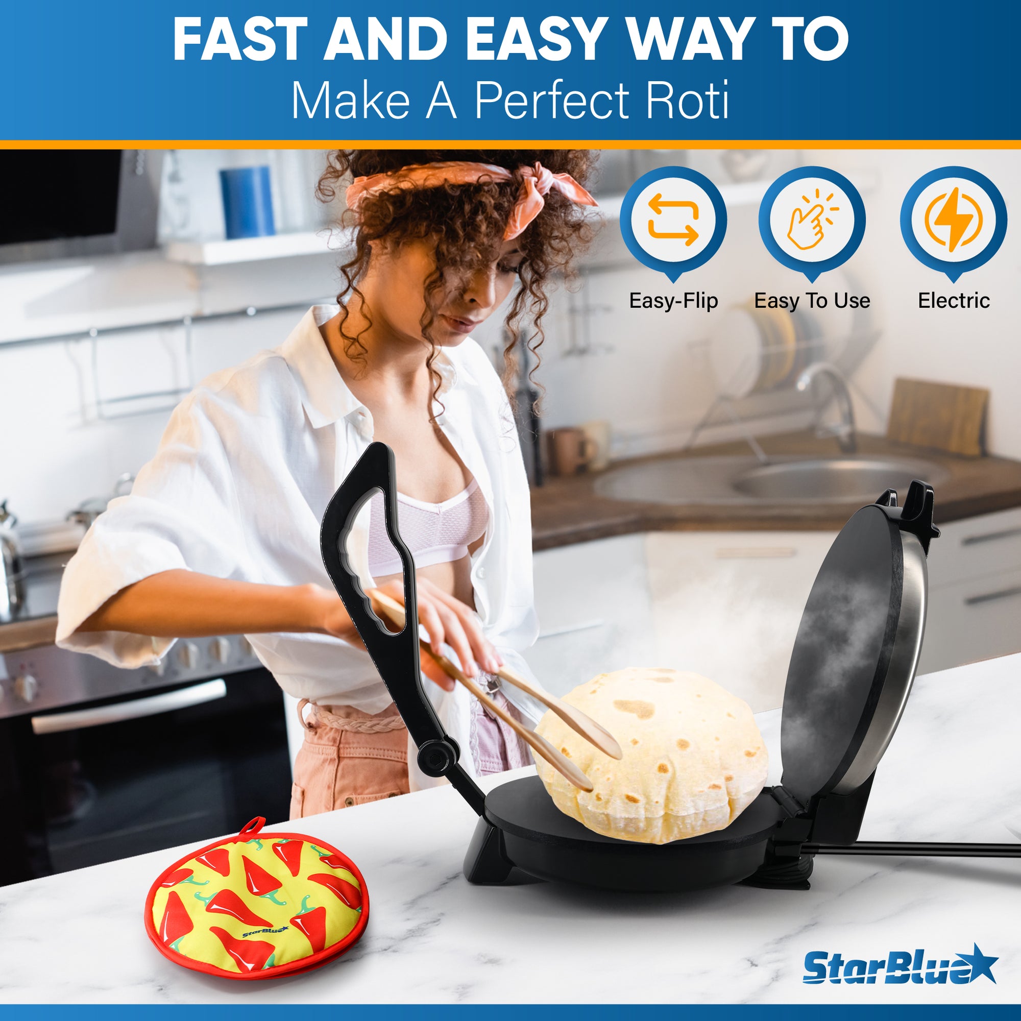 10inch Roti Maker by StarBlue with FREE Roti Warmer and Removable Handle