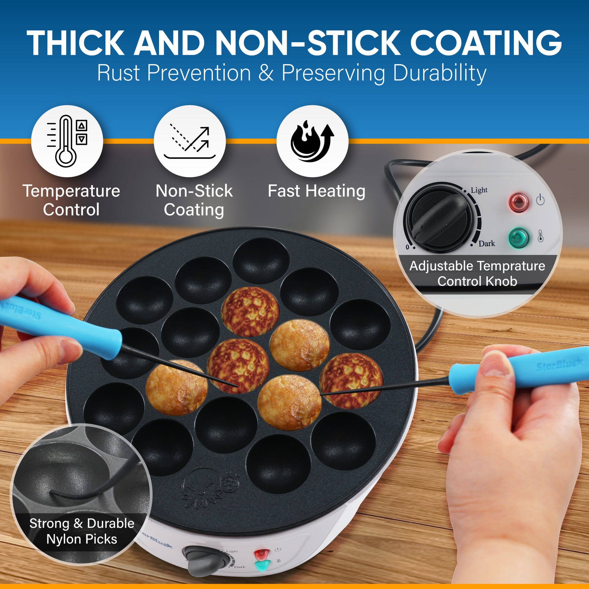 Takoyaki Maker Machine with Temperature Control and 2 Free Takoyaki Picks