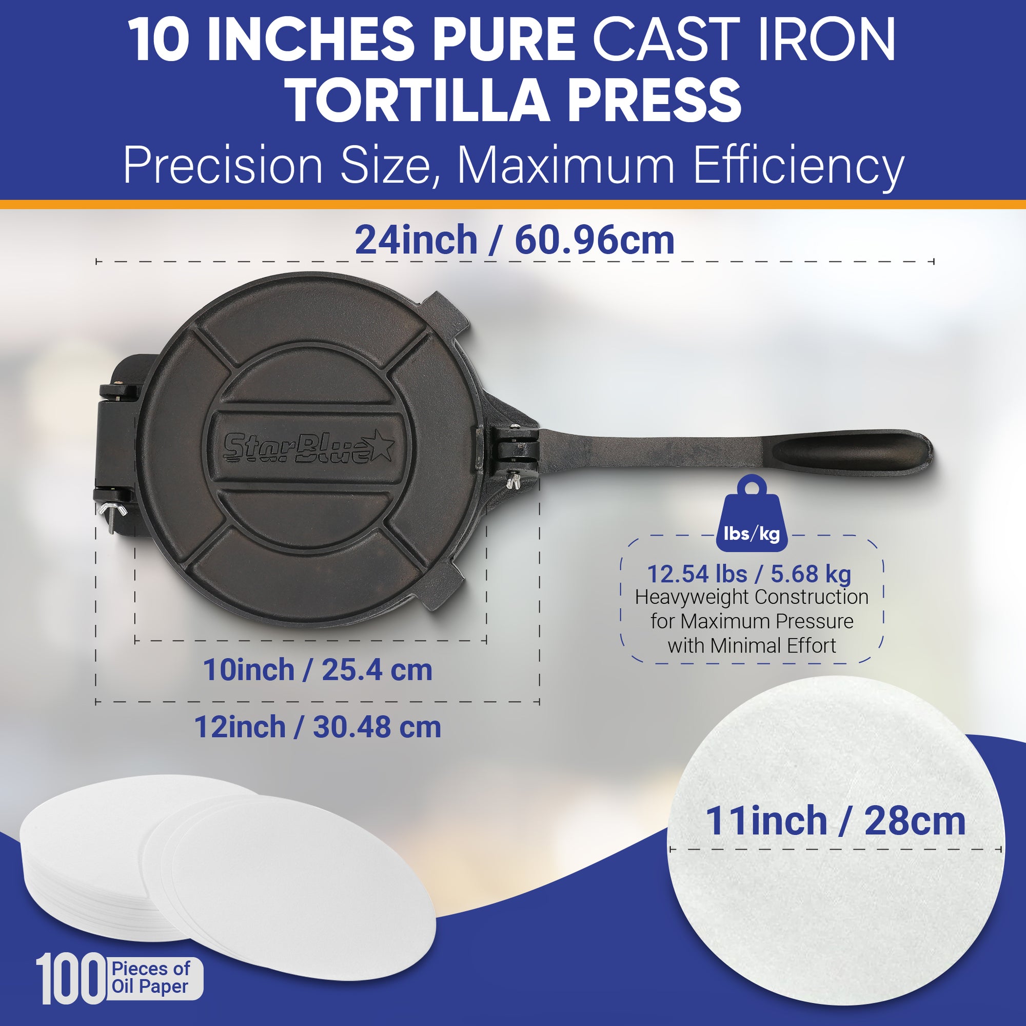 10 Inches Cast Iron Tortilla Press with FREE 100 Pieces Oil Paper