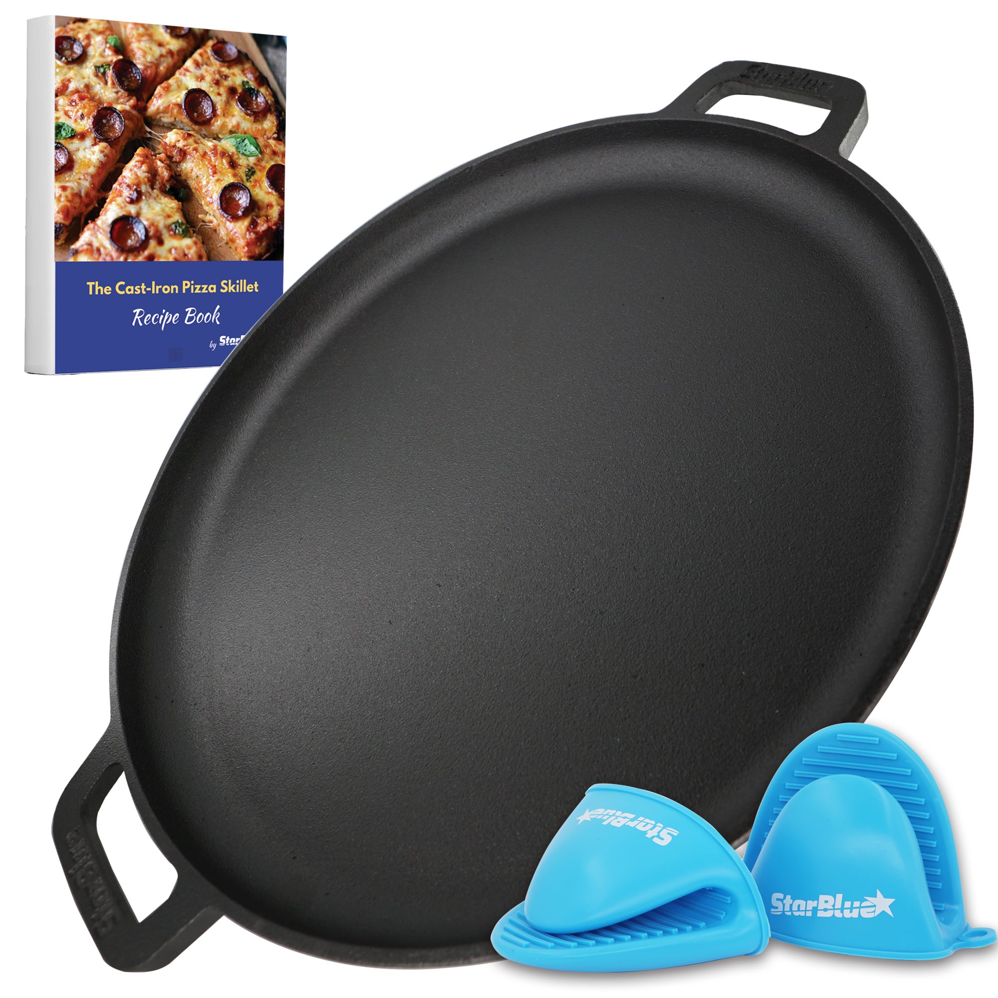 16 Inch Cast Iron Pizza Pan Round Griddle with FREE Silicone Handles and Recipes Ebook