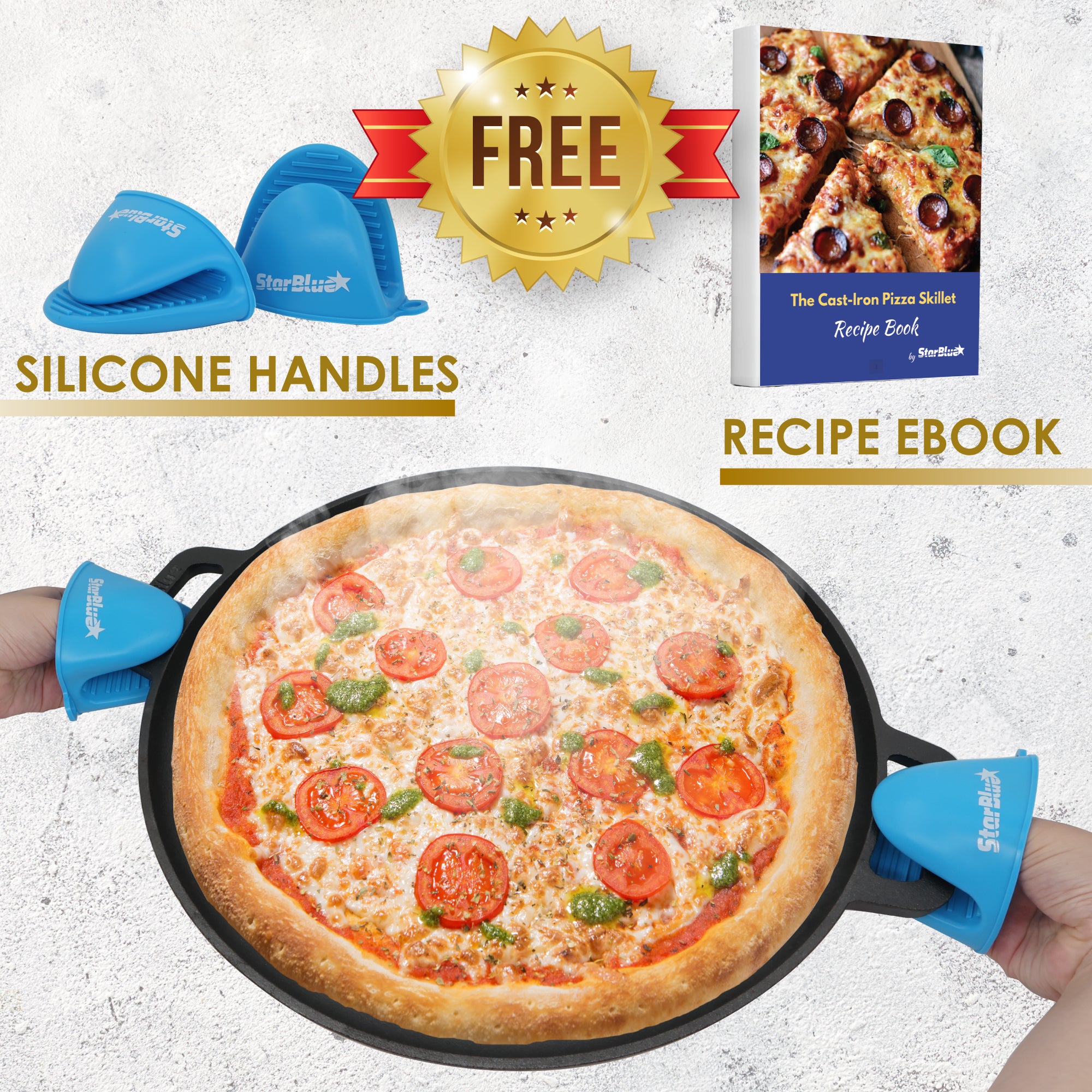 16 Inch Cast Iron Pizza Pan Round Griddle with FREE Silicone Handles and Recipes Ebook