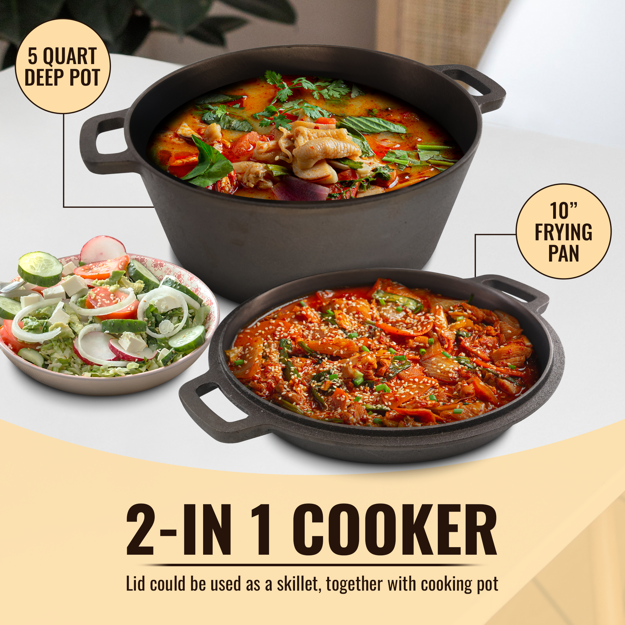 Lodge Cast Iron 5 Quart Cast Iron Double Dutch Oven, Lid Included, Dutch  Oven for Slow-Roasting, Simmering, and Baking