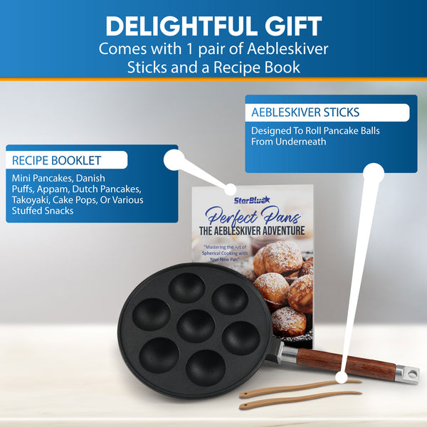 7-Hole Cast Iron Aebleskiver Pan Detachable Wooden Handle