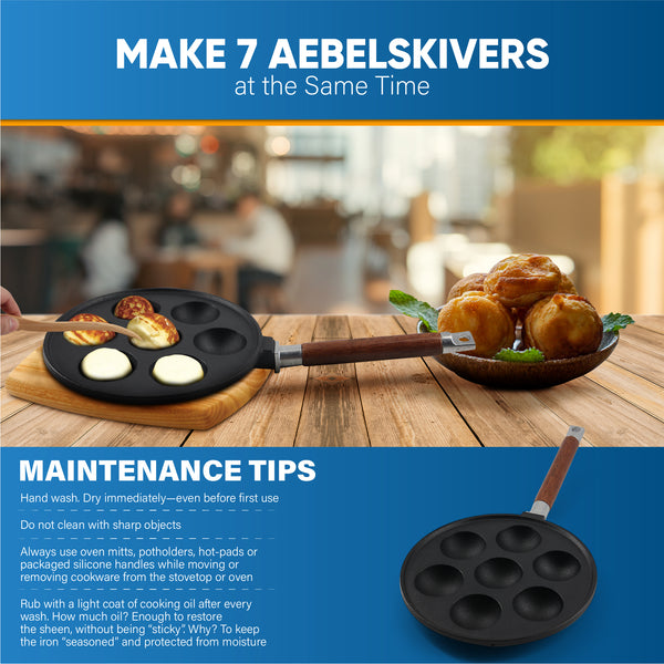7-Hole Cast Iron Aebleskiver Pan Detachable Wooden Handle