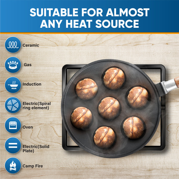 7-Hole Cast Iron Aebleskiver Pan Detachable Wooden Handle
