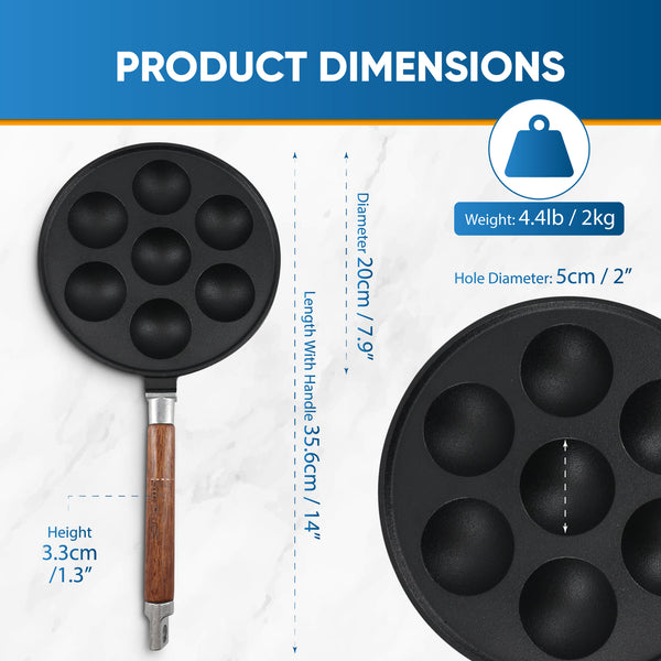 7-Hole Cast Iron Aebleskiver Pan Detachable Wooden Handle