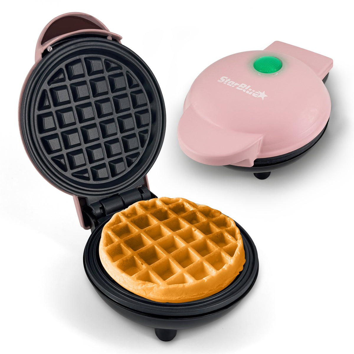 A mini waffle maker in pink with a black non-stick cooking surface, shown with a closed lid and an open lid displaying a golden-brown waffle inside.