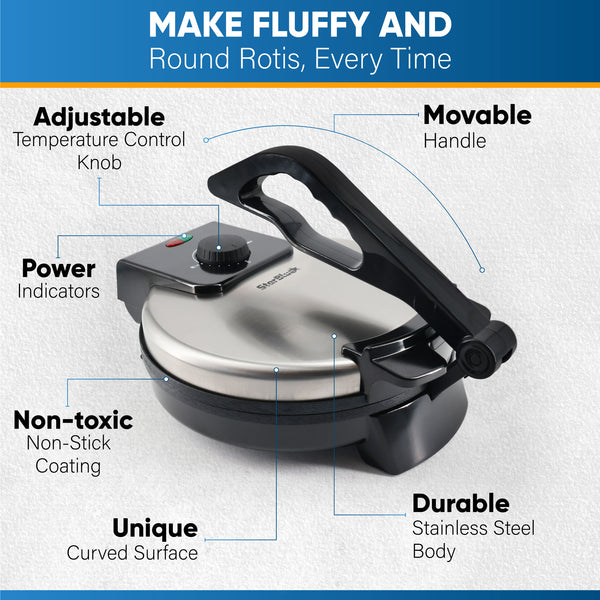 10inch Roti Maker by StarBlue with FREE Roti Warmer and Removable Handle