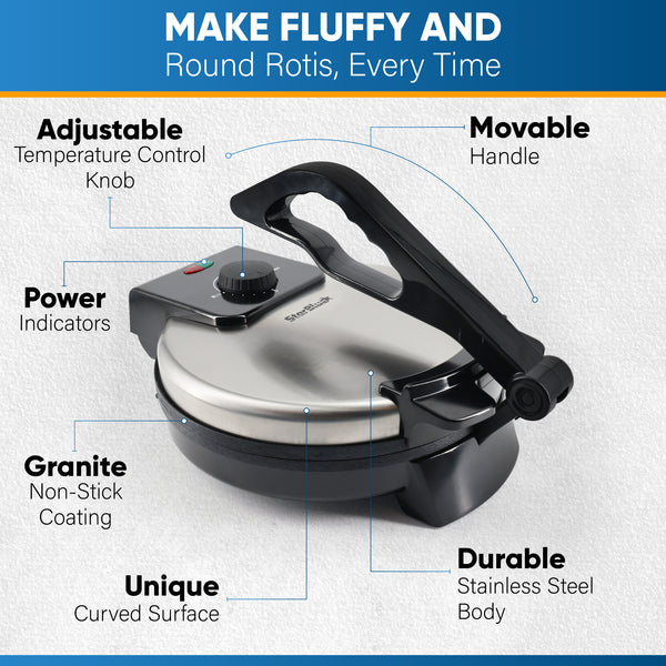 Delta Roti Maker 10inch Roti Maker by StarBlue with FREE Roti Warmer and Removable Hand
