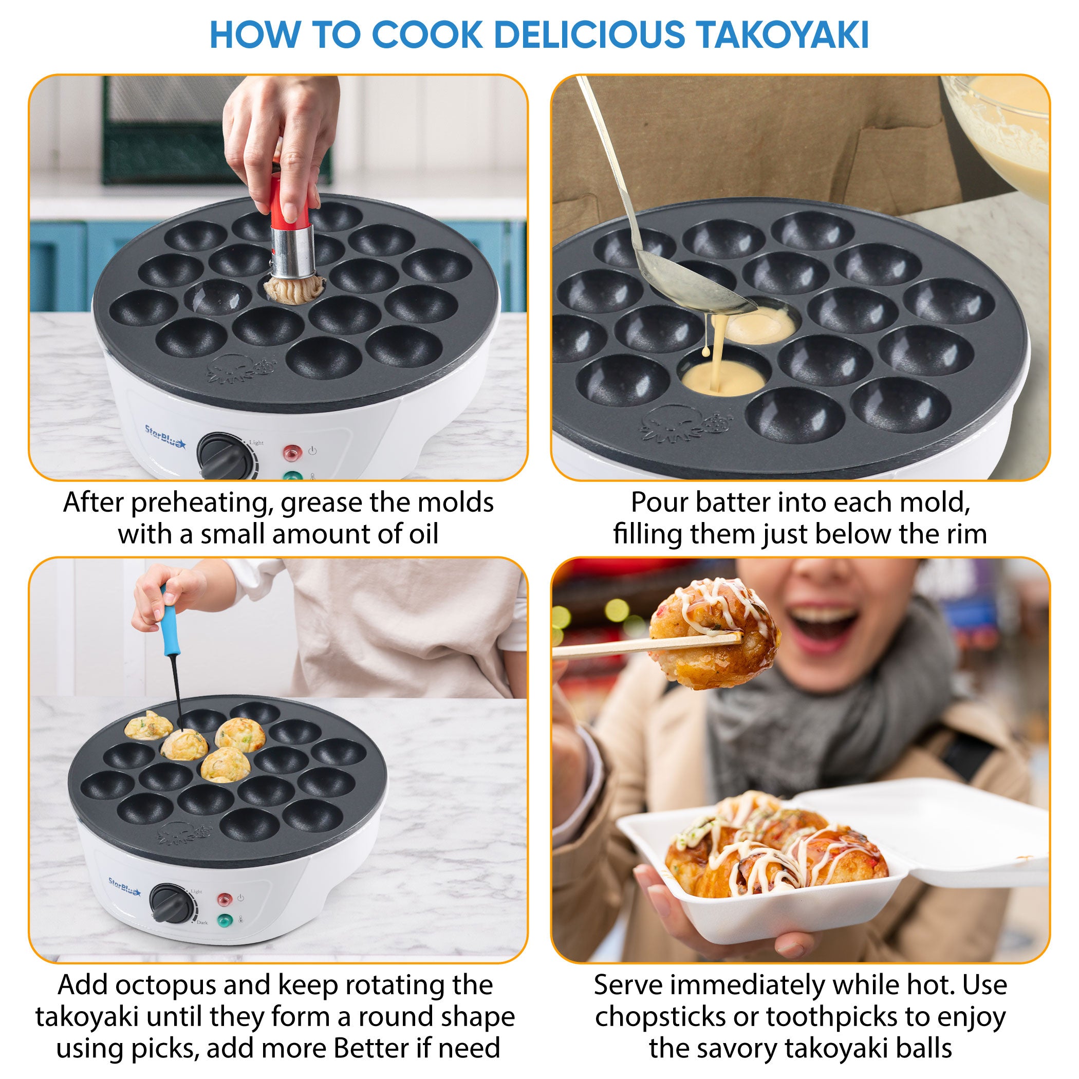 StarBlue Takoyaki Maker Machine with FREE Takoyaki Picks - Temperature Control 18 Holes Electric Pan for Japanese Octopus Balls 220V 60Hz 700W UK Plug with EU Adapter, SB-JC503 StarBlue Takoyaki Maker Machine with FREE Takoyaki Picks - Temperature Control 18 Holes Electric Pan for Japanese Octopus Balls 220V 60Hz 700W UK Plug with EU Adapter, SB-JC503