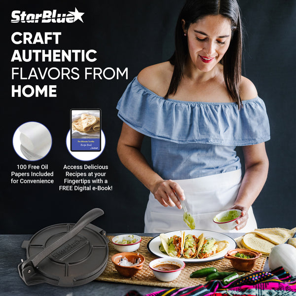 10 Inches Cast Iron Tortilla Press with FREE 100 Pieces Oil Paper