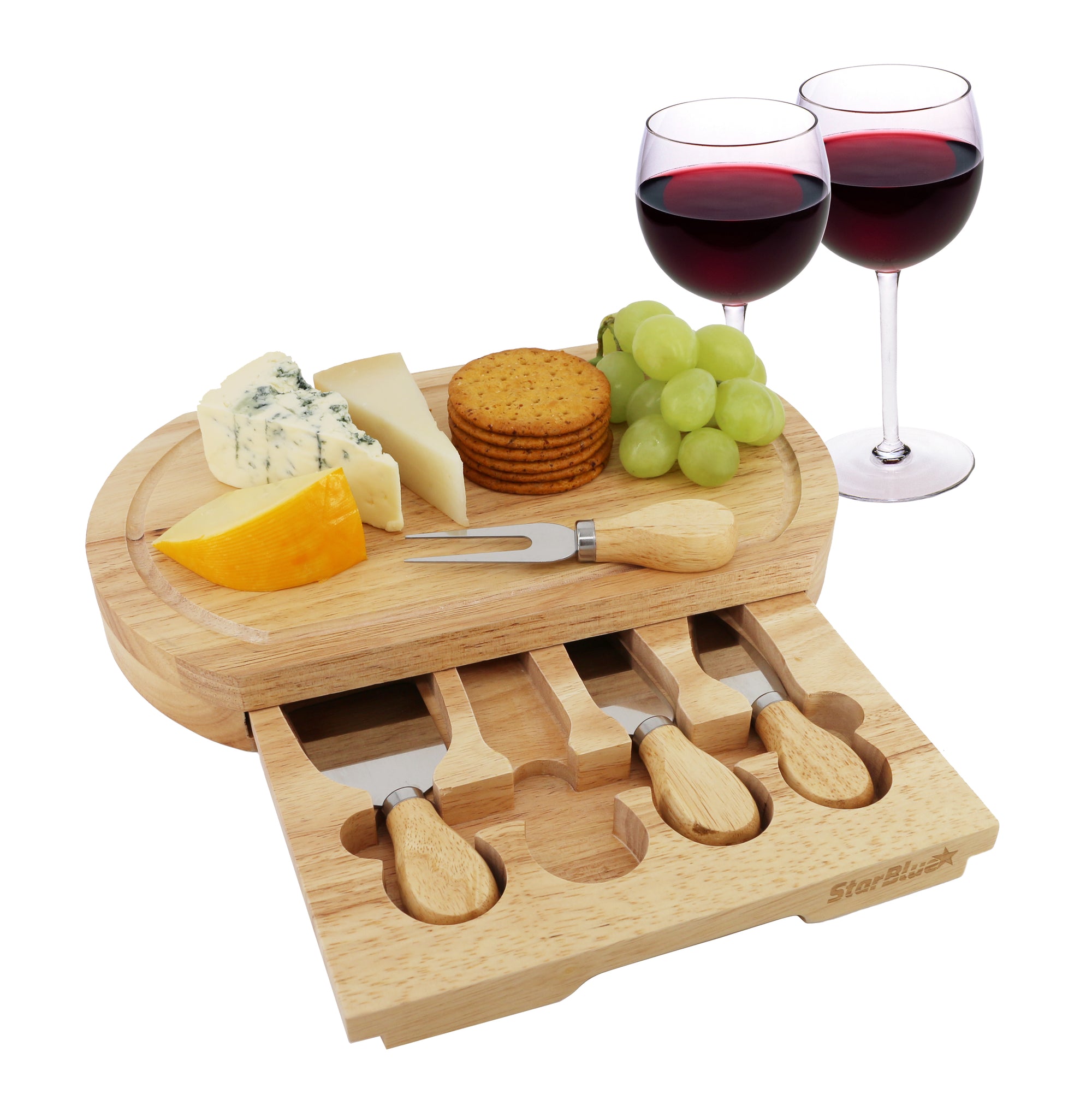 Cheese Board Set Medium Size with 4 Knives and Slide Out Drawer