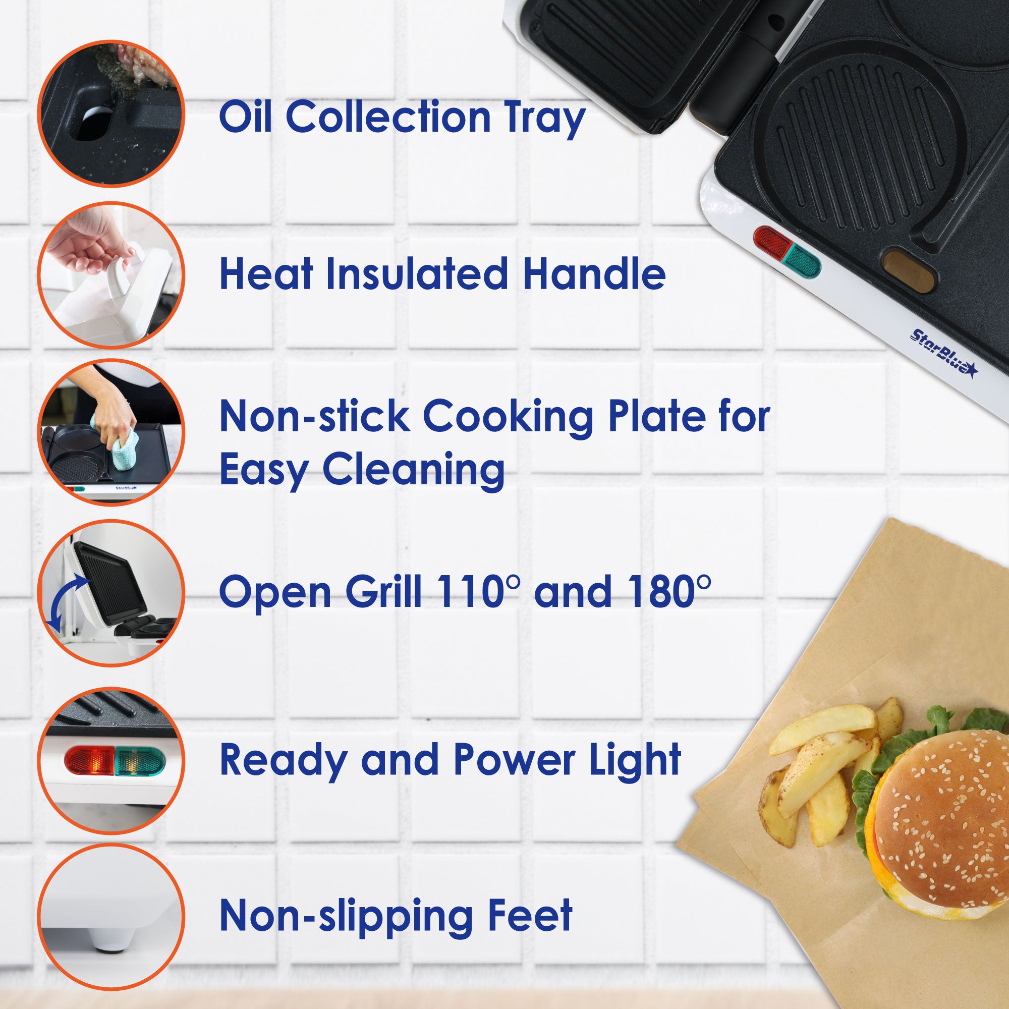 Hamburger Grill Maker by StarBlue with FREE Burger Press and Recipes eBook  - Portable and Multipurpose Machine AC120V 60HZ 1000W