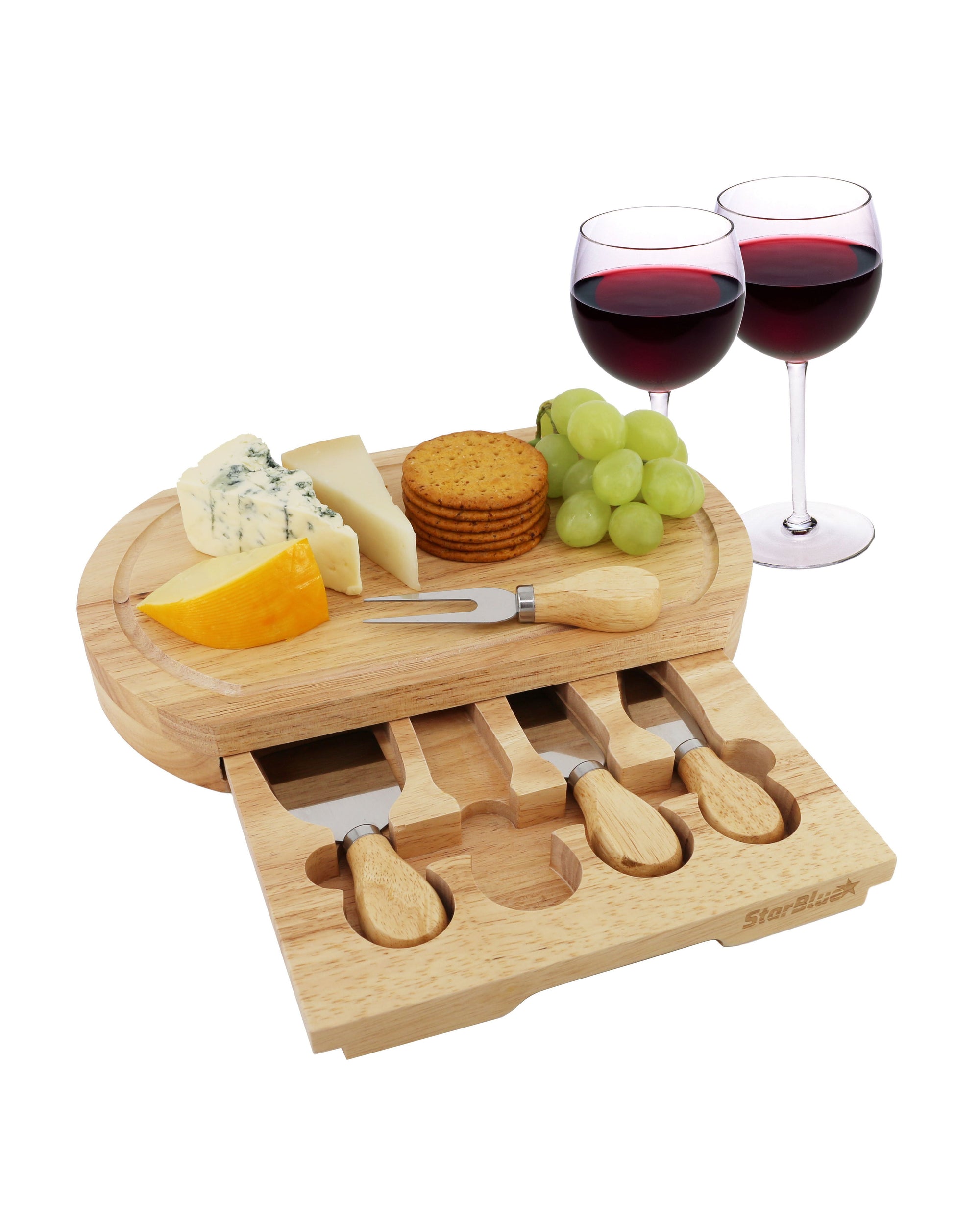 Cheese Board Set Medium Size with 4 Knives and Slide Out Drawer