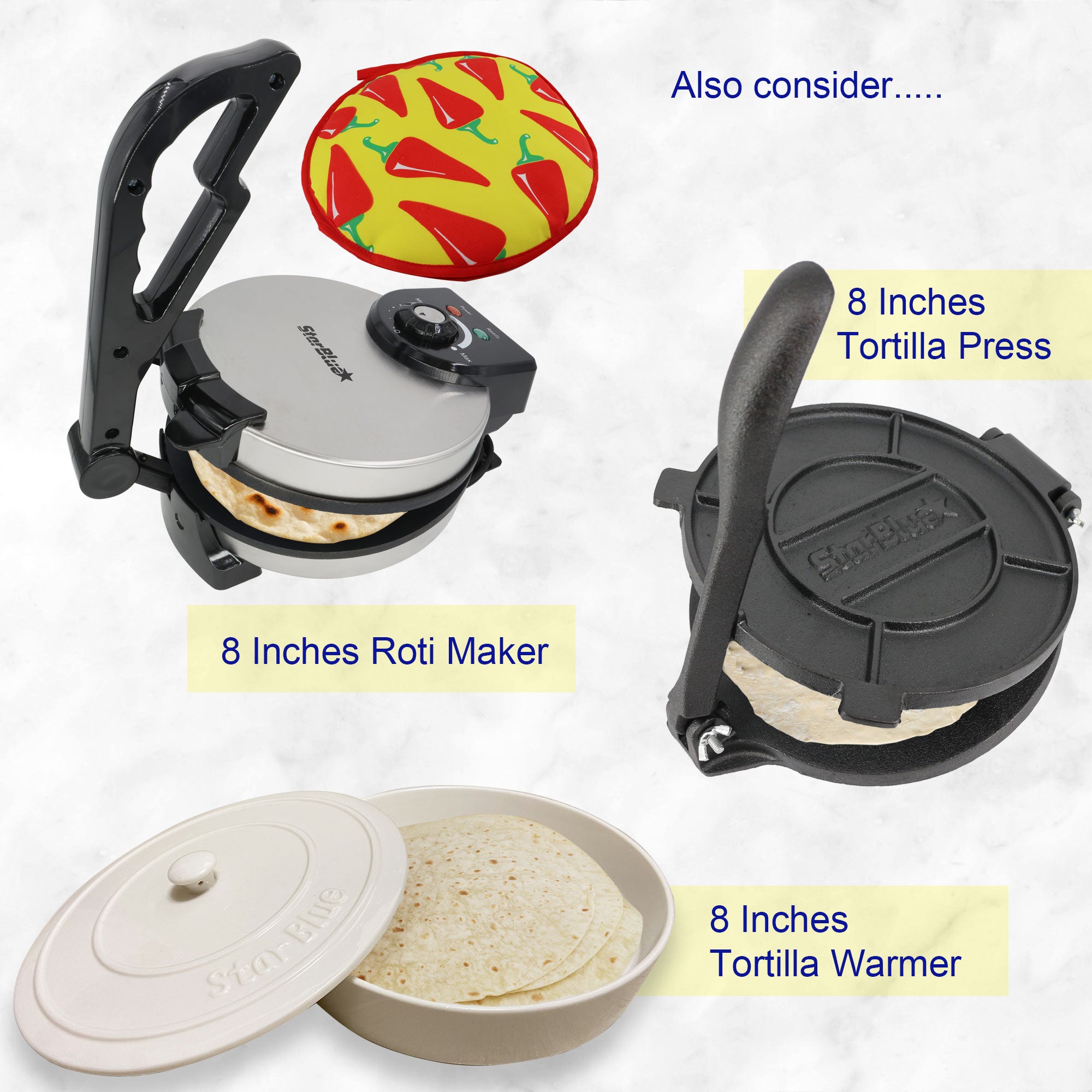 10 Inch Cast Iron Tortilla Press and 10 Inches Ceramic Tortilla Warmer by  StarBlue with FREE Recipes ebook