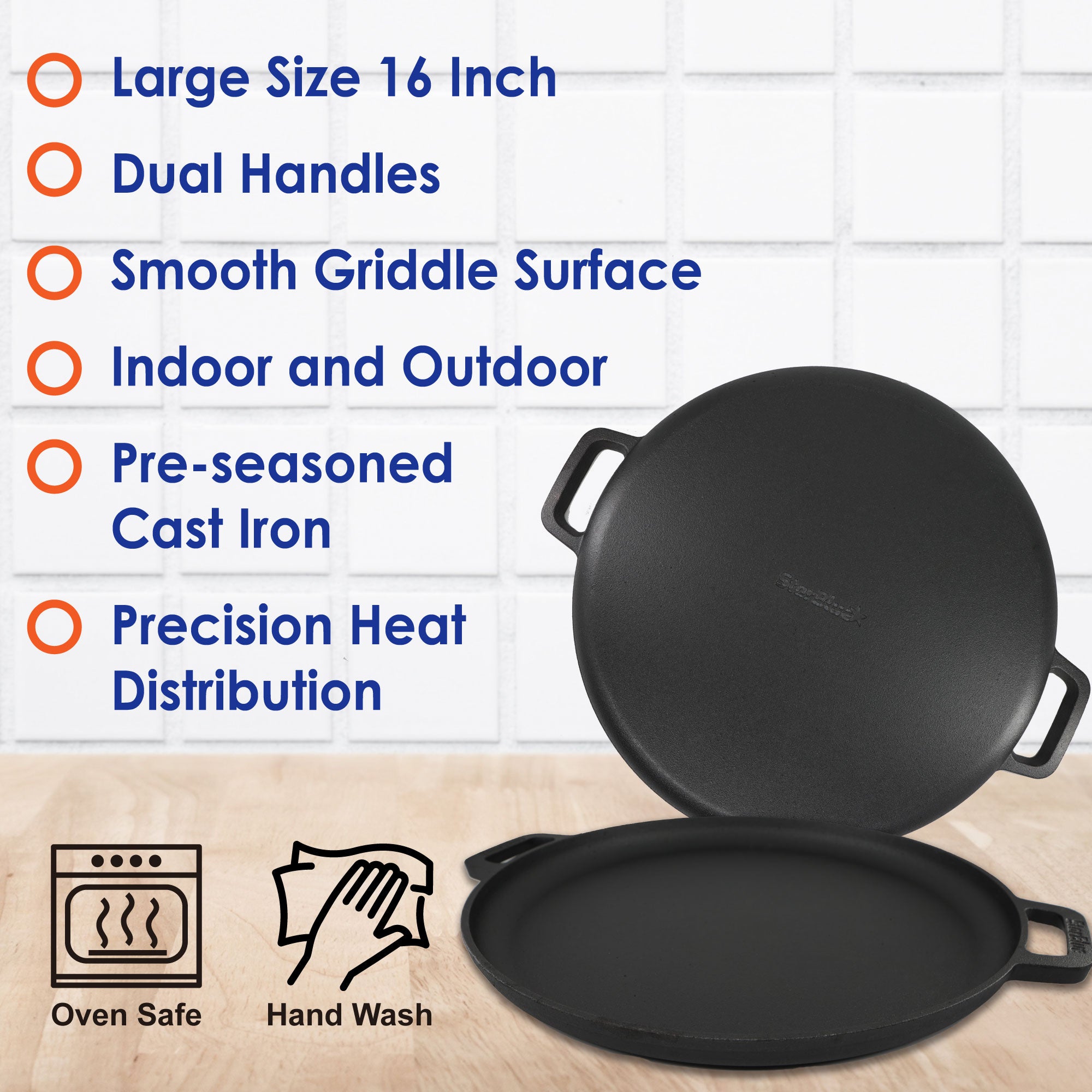 StarBlue 16 inch Cast Iron Pizza Pan Round Griddle with Free Silicone Handles and 30 Recipes Ebook– Pre-Seasoned Comal, Kitchen Essentials for