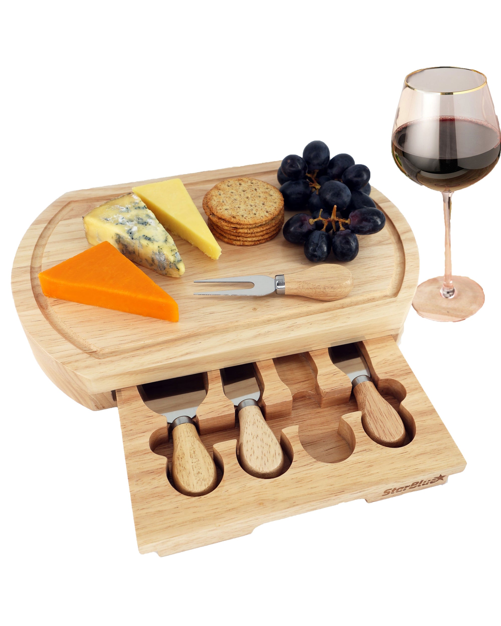 Cheese Board Set Large Size with 4 Knives and Slide Out Drawer