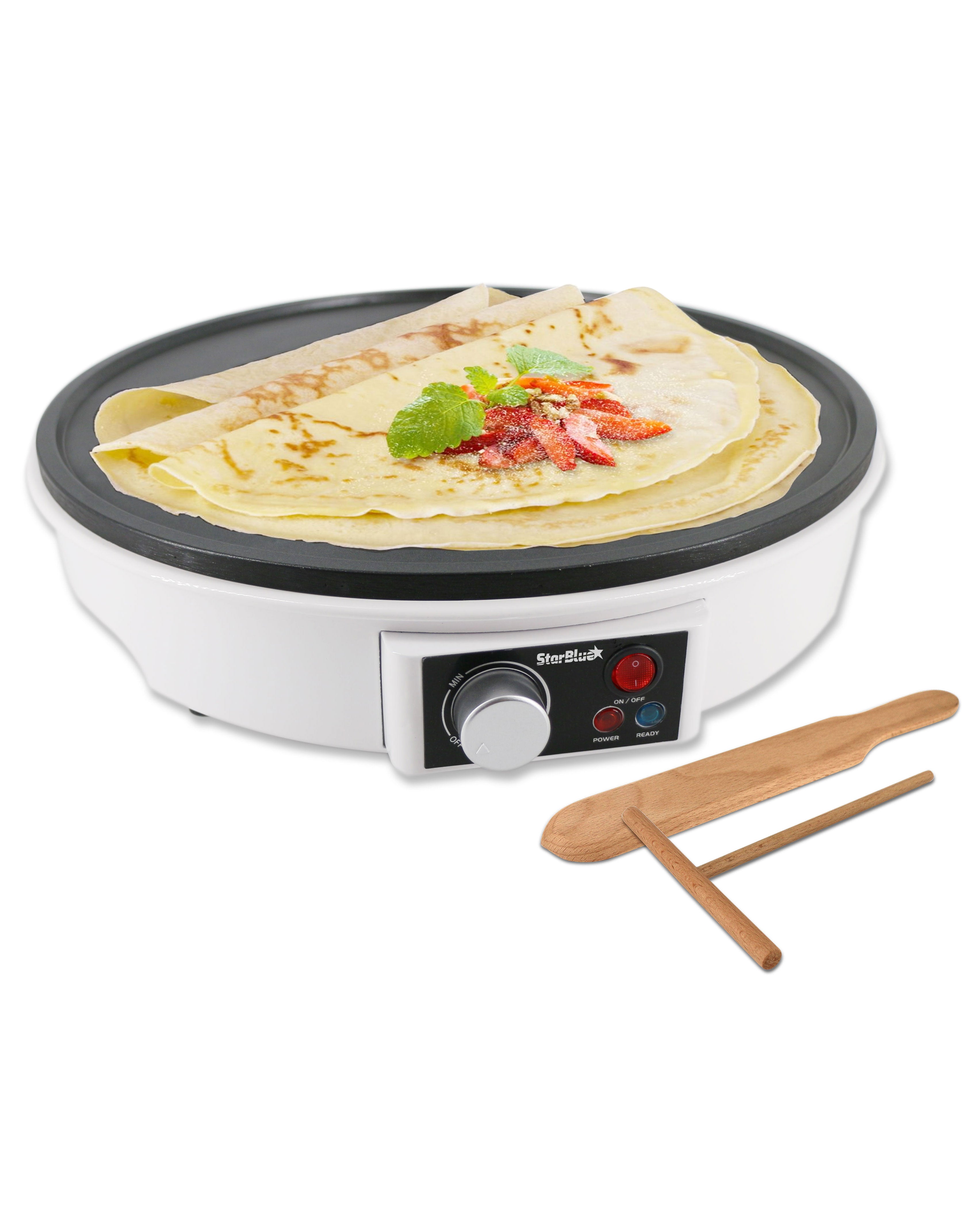 12 inch Electric Crepe Maker by StarBlue with Free Recipes E-Book and Wooden Spatula - Nonstick and Portable Pan, Compact, Easy Clean with On/Off