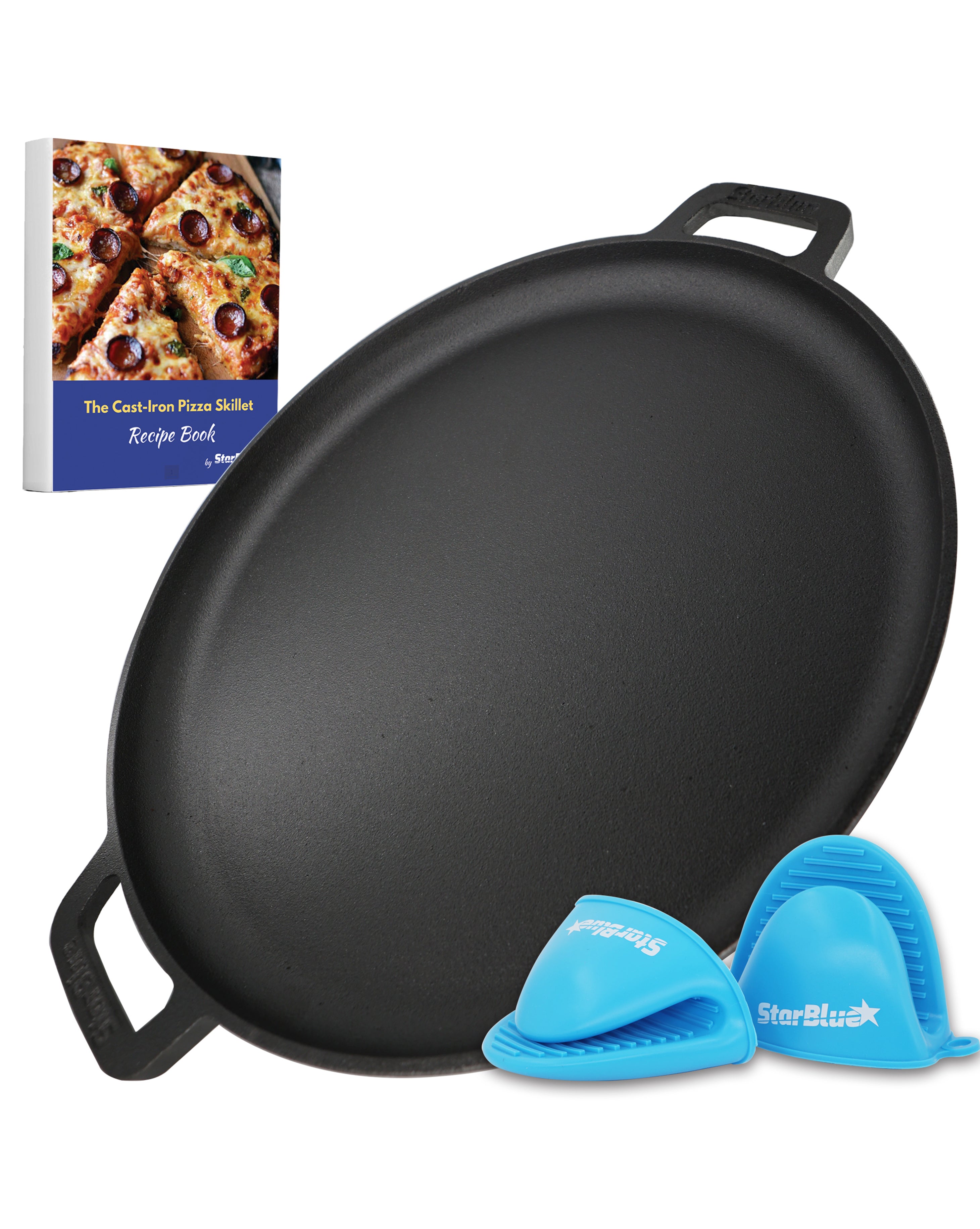 StarBlue 16 inch Cast Iron Pizza Pan Round Griddle with Free Silicone Handles and 30 Recipes Ebook– Pre-Seasoned Comal, Kitchen Essentials for