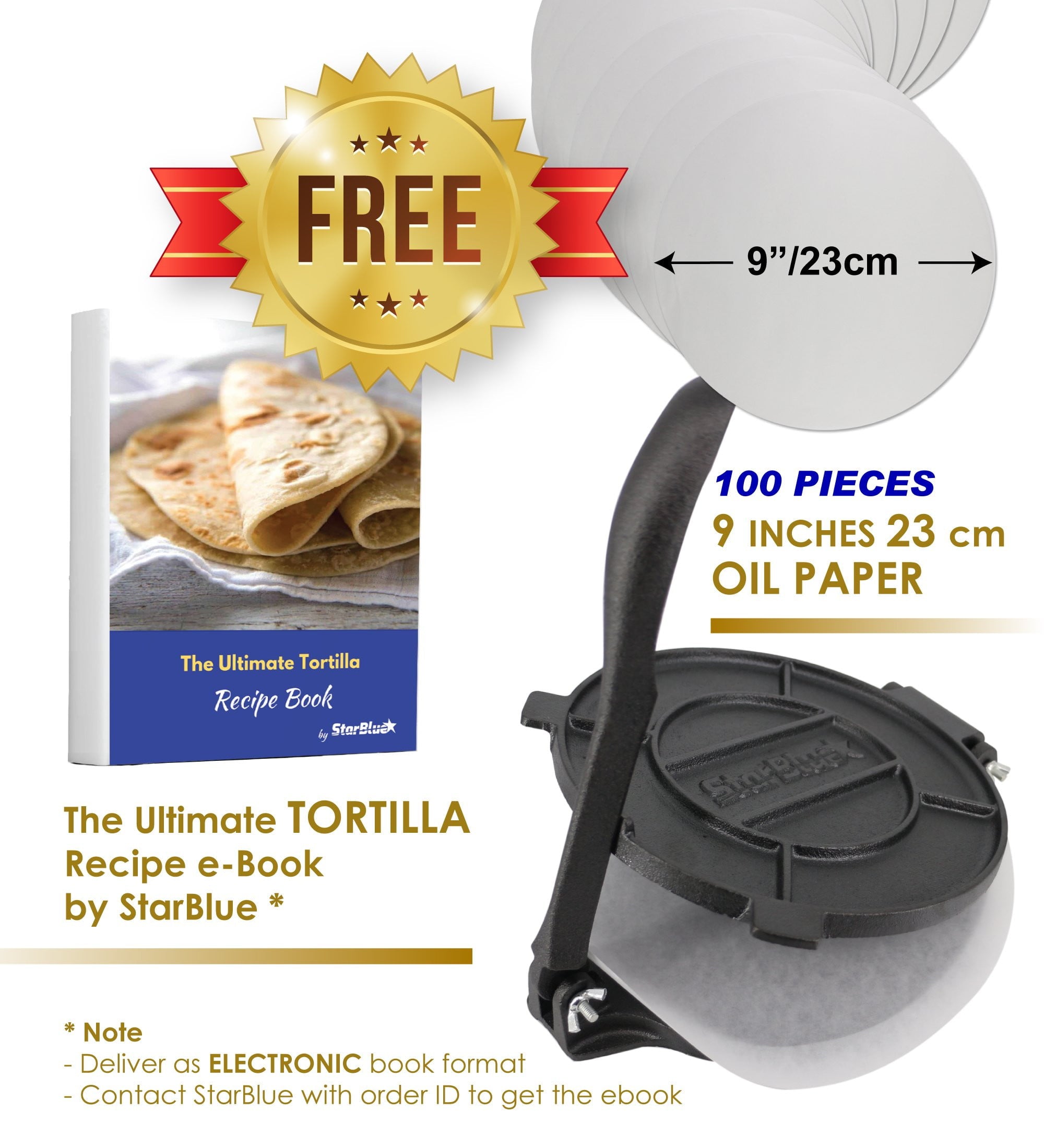 8 Inch Cast Iron Tortilla Press with FREE 100 Pieces Oil Paper and Recipes e-book