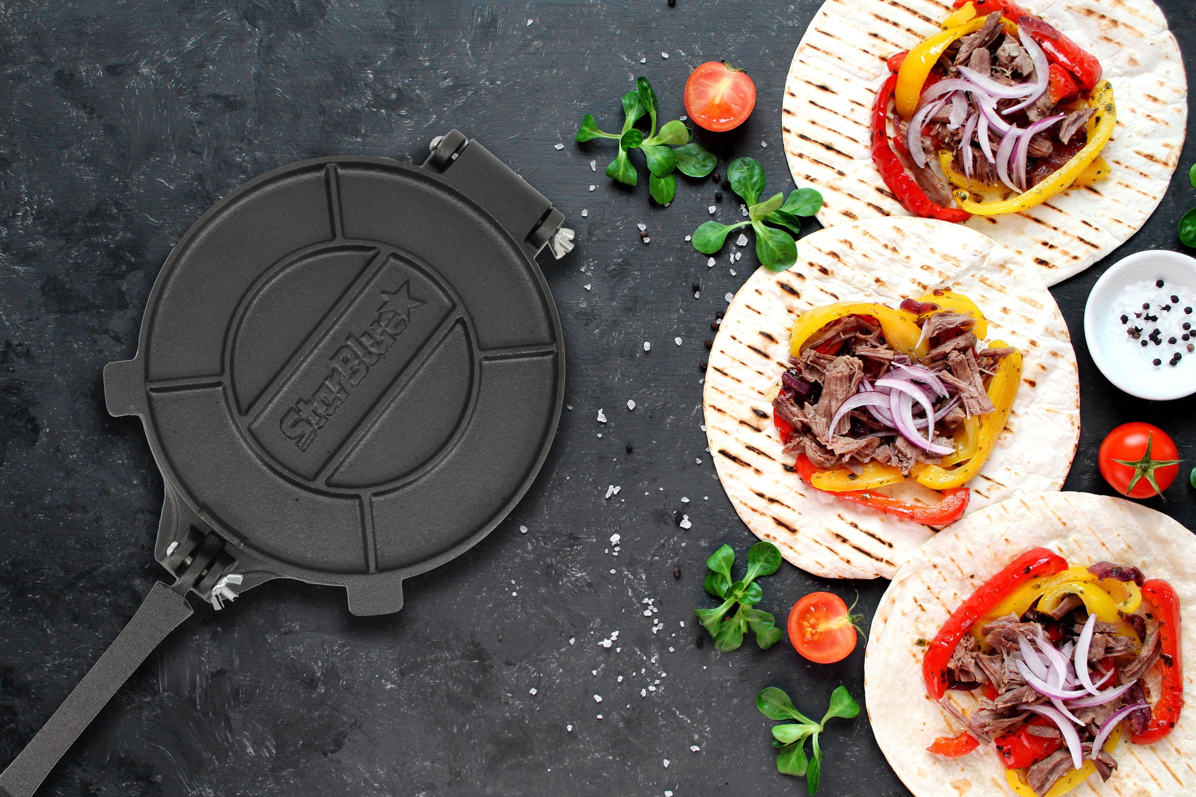 8 inch Cast Iron Tortilla Press by StarBlue with Free 100 Pieces Oil Paper and Recipes E-Book - Tool to Make Indian Style Chapati, Tortilla, Roti
